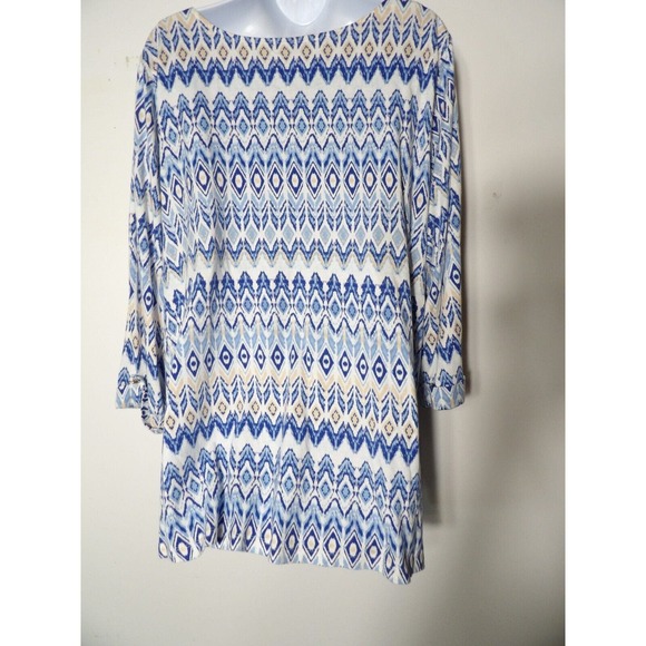 Jessica London 22/24 1X Tunic Boho Geometric Blue 3/4 Sleeve V Neck Peasant - Picture 5 of 11
